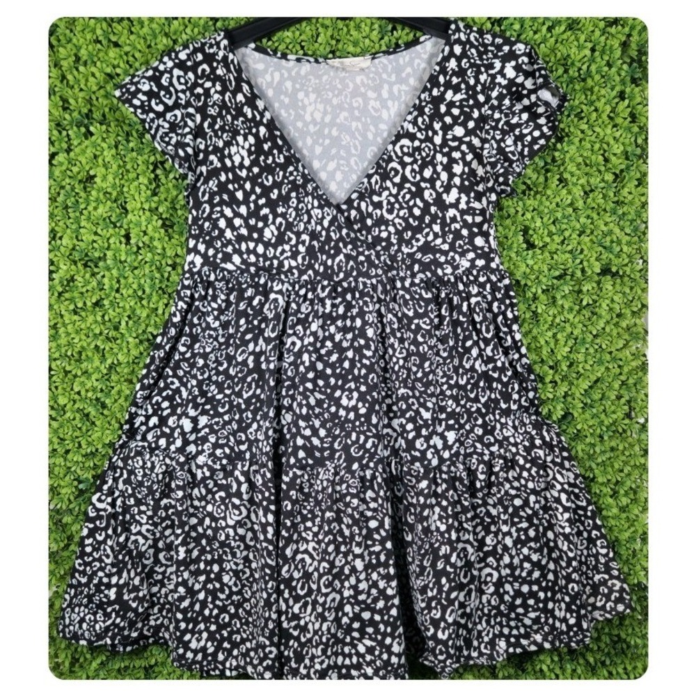 Jessica Simpson Black White Leopard Print Tiered Babydoll Mini Dress Medium - Picture 2 of 8